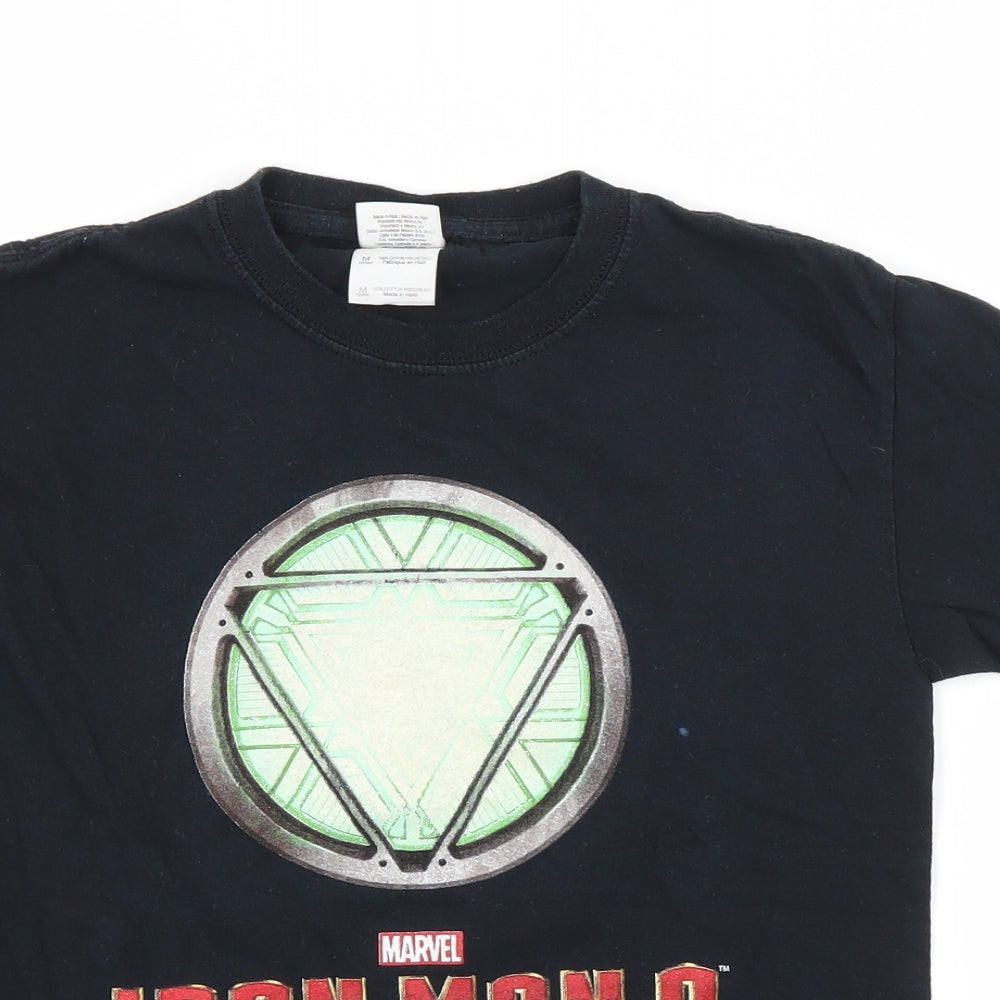 Close-up detail of Preworn boys’ blue basic t-shirt, size M, - iron man