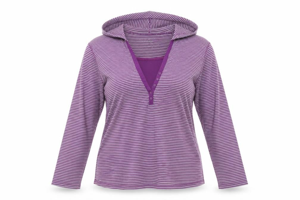 Front view of Bonmarché women’s purple striped pullover hoodie, size XL
