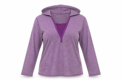 Front view of Bonmarché women’s purple striped pullover hoodie, size XL