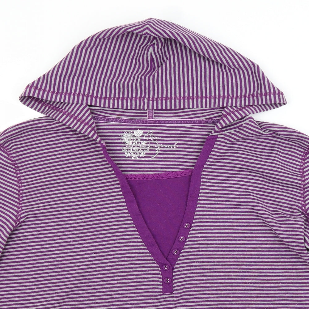 Close-up detail of Bonmarché women’s purple striped pullover hoodie, size XL