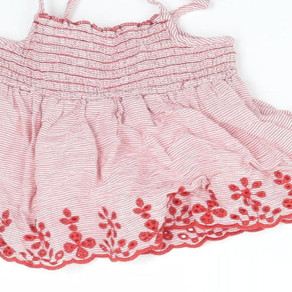 Brand and care label for Primark girls’ red striped basic t-shirt, size 9-12, months