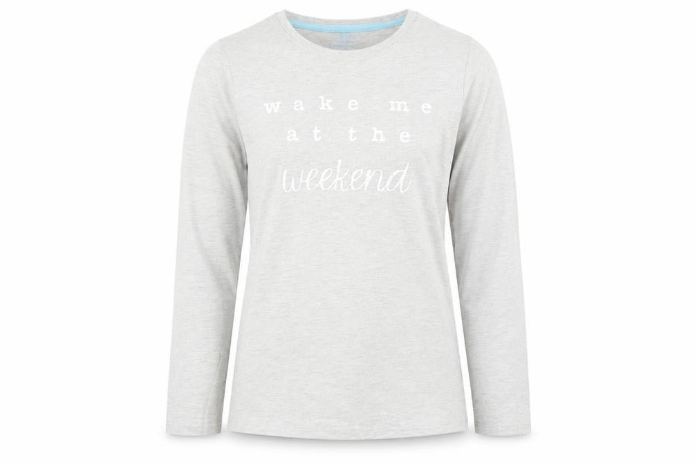 Front view of Primark girls’ grey solid pyjama top, size 11-12, years - wake me up at the weekend