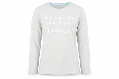 Front view of Primark girls’ grey solid pyjama top, size 11-12, years - wake me up at the weekend