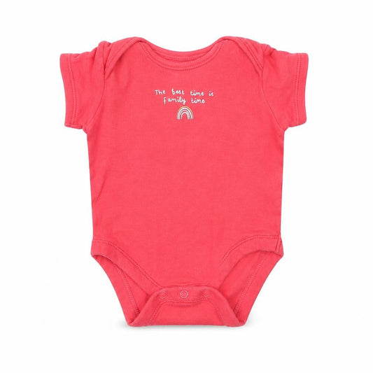 Front view of George girls’ pink babygrow one-piece, size 6-9, months - the best time is family time rainbow