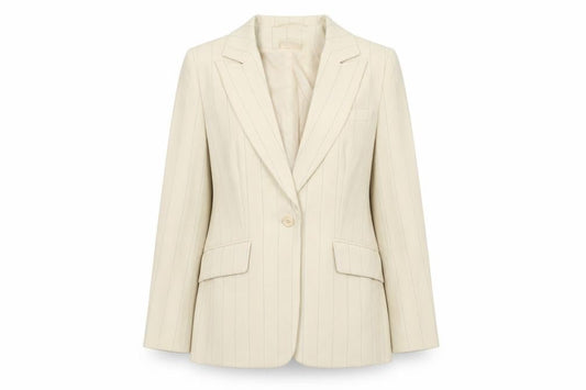 Front view of For Women women’s beige striped jacket blazer, size UK 14