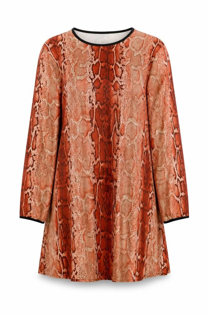 Front view of women’s orange animal print mini, size M, - snake print