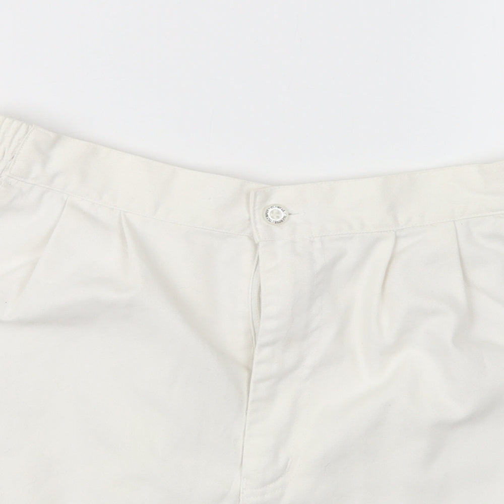 Close-up detail of Olympus women’s white cargo shorts, size XL
