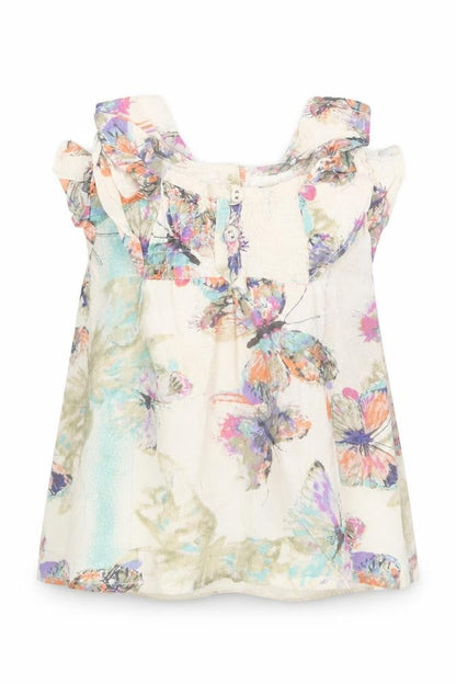 Front view of Peacocks girls’ beige geometric basic blouse, size 9-12, months