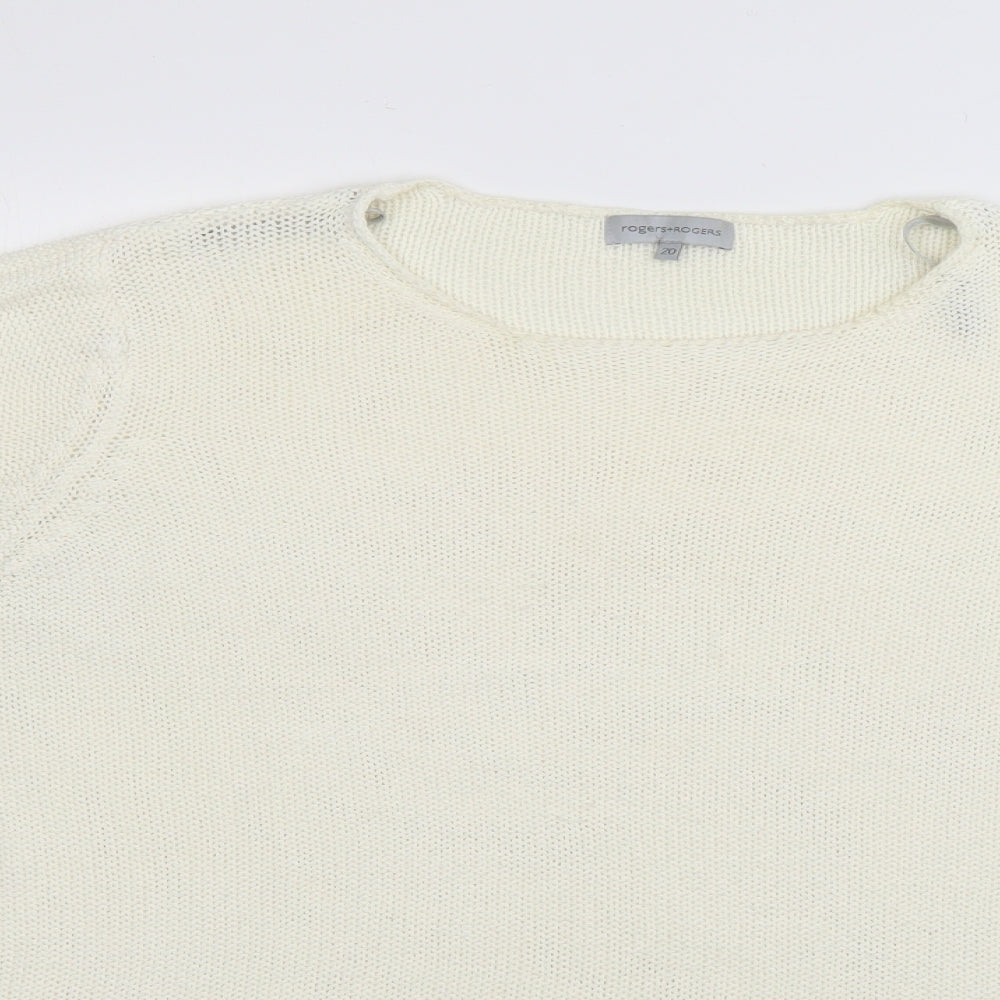 Close-up detail of rogers+rogers women’s white jumper, size UK 20