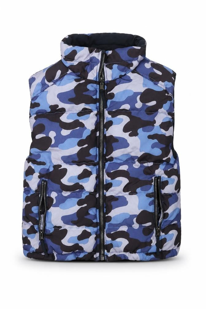 Front view of WTX boys’ blue camouflage gilet jacket, size S