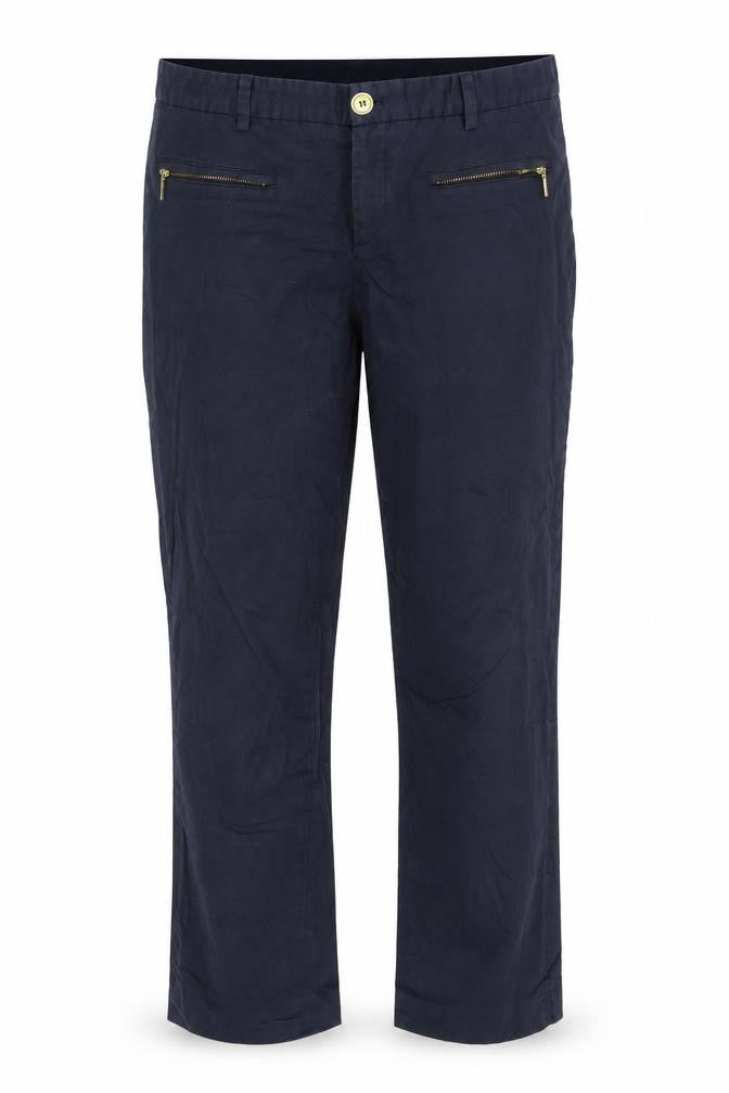Front view of Sand women’s blue capri trousers, size UK 10, 27-inch leg