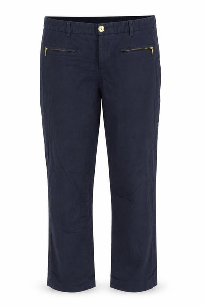 Front view of Sand women’s blue capri trousers, size UK 10, 27-inch leg