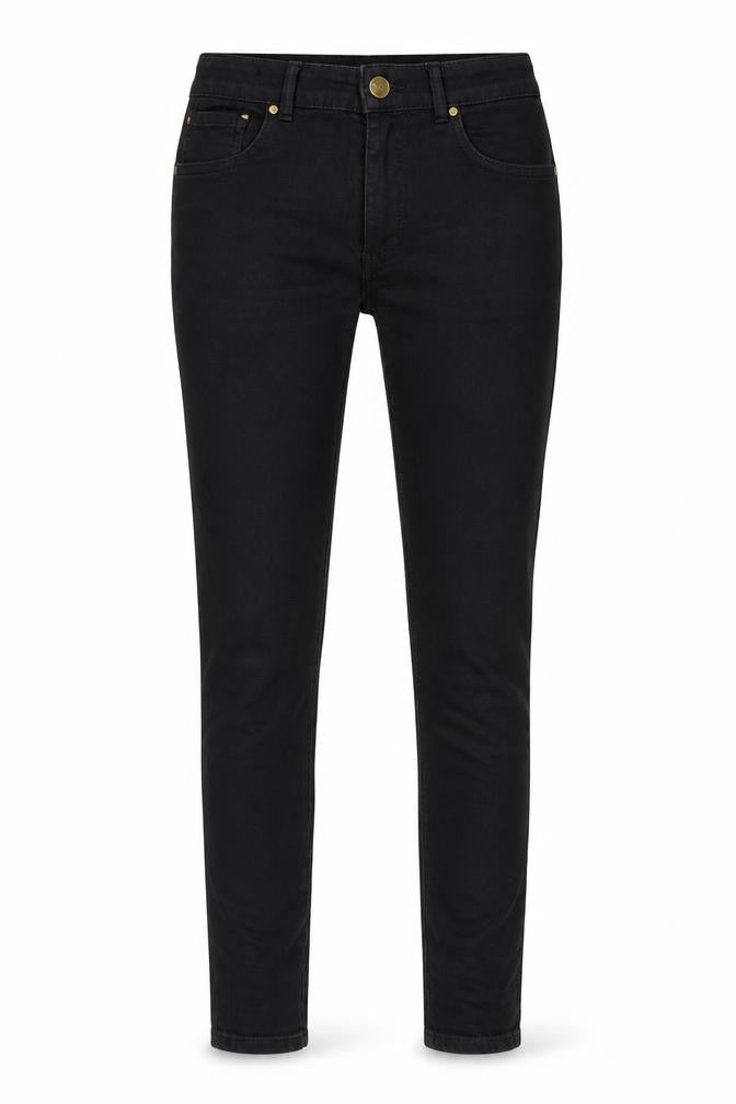 Front view of Never Denim women’s black denim skinny jeans, size M, 30-inch leg