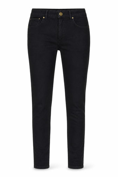 Front view of Never Denim women’s black denim skinny jeans, size M, 30-inch leg