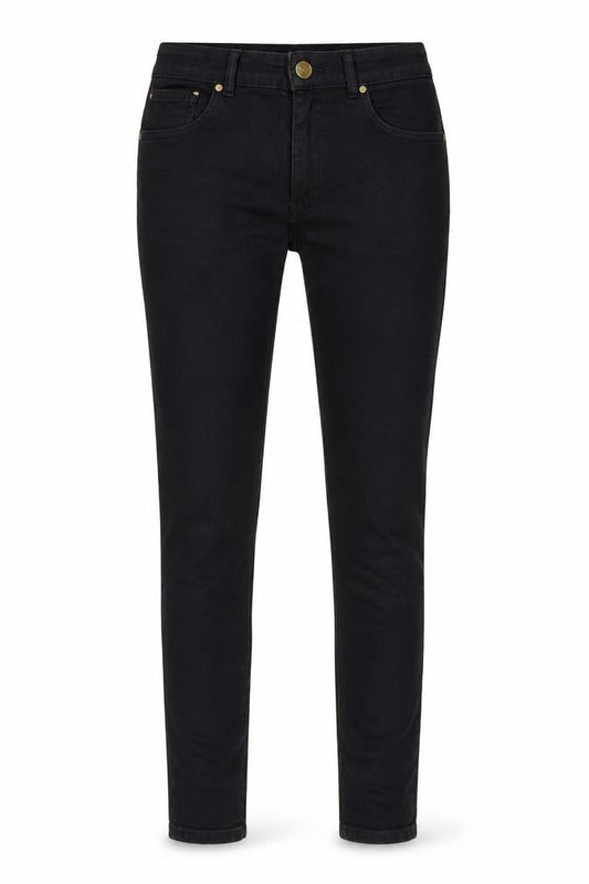 Front view of Never Denim women’s black denim skinny jeans, size M, 30-inch leg
