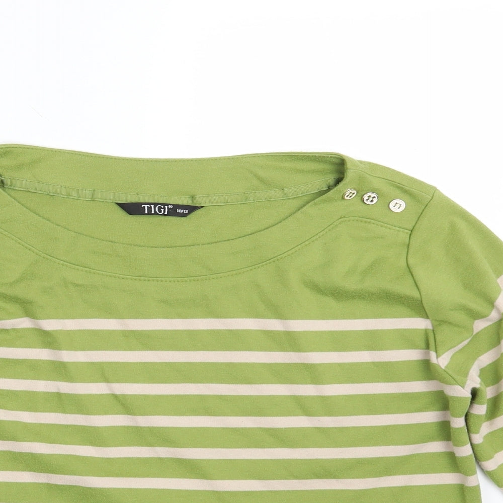 Close-up detail of TIGI women’s multicoloured striped pullover sweatshirt, size UK 10
