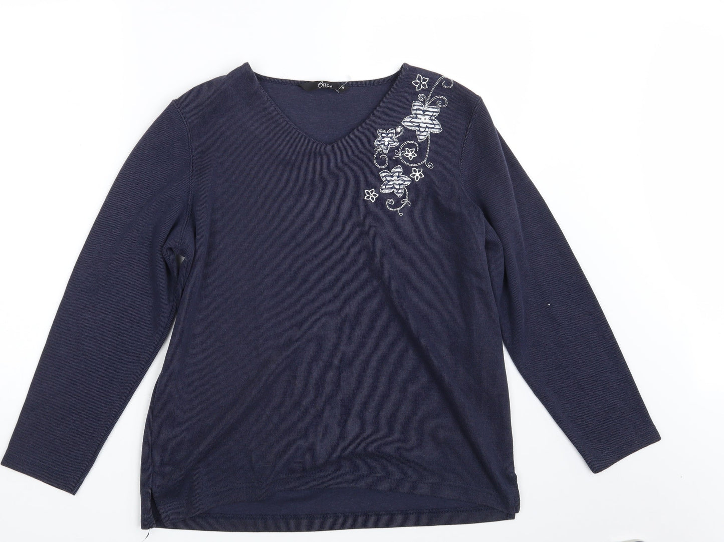 BM Casual Womens Blue Floral Knit Pullover Sweatshirt Size M