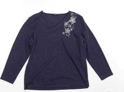 BM Casual Womens Blue Floral Knit Pullover Sweatshirt Size M