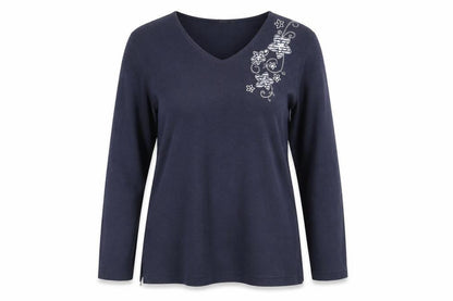 Front view of Bonmarché women’s blue floral knit pullover sweatshirt, size M