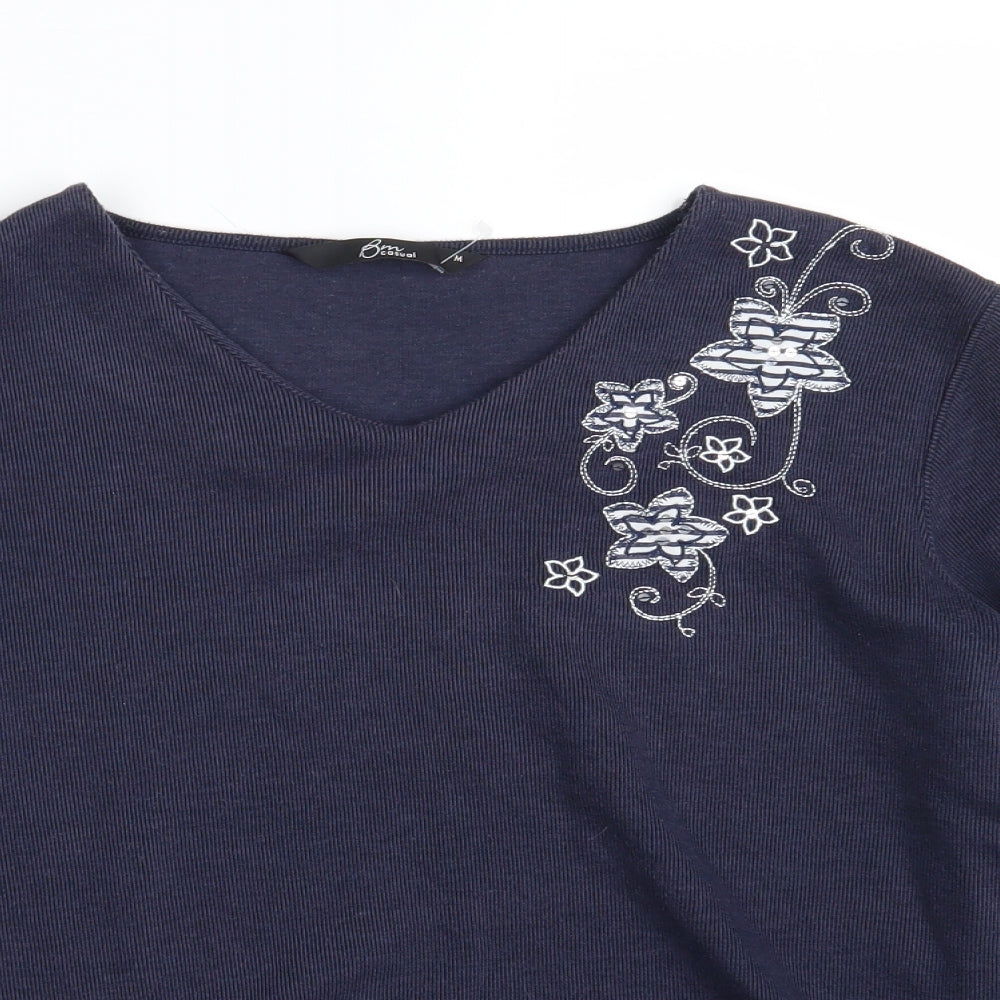 BM Casual Womens Blue Floral Knit Pullover Sweatshirt Size M
