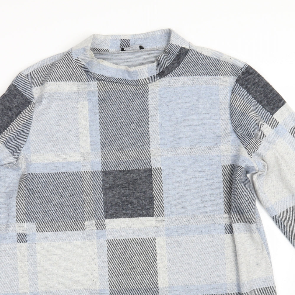 Close-up detail of M&Co women’s multicoloured geometric pullover sweatshirt, size UK 16