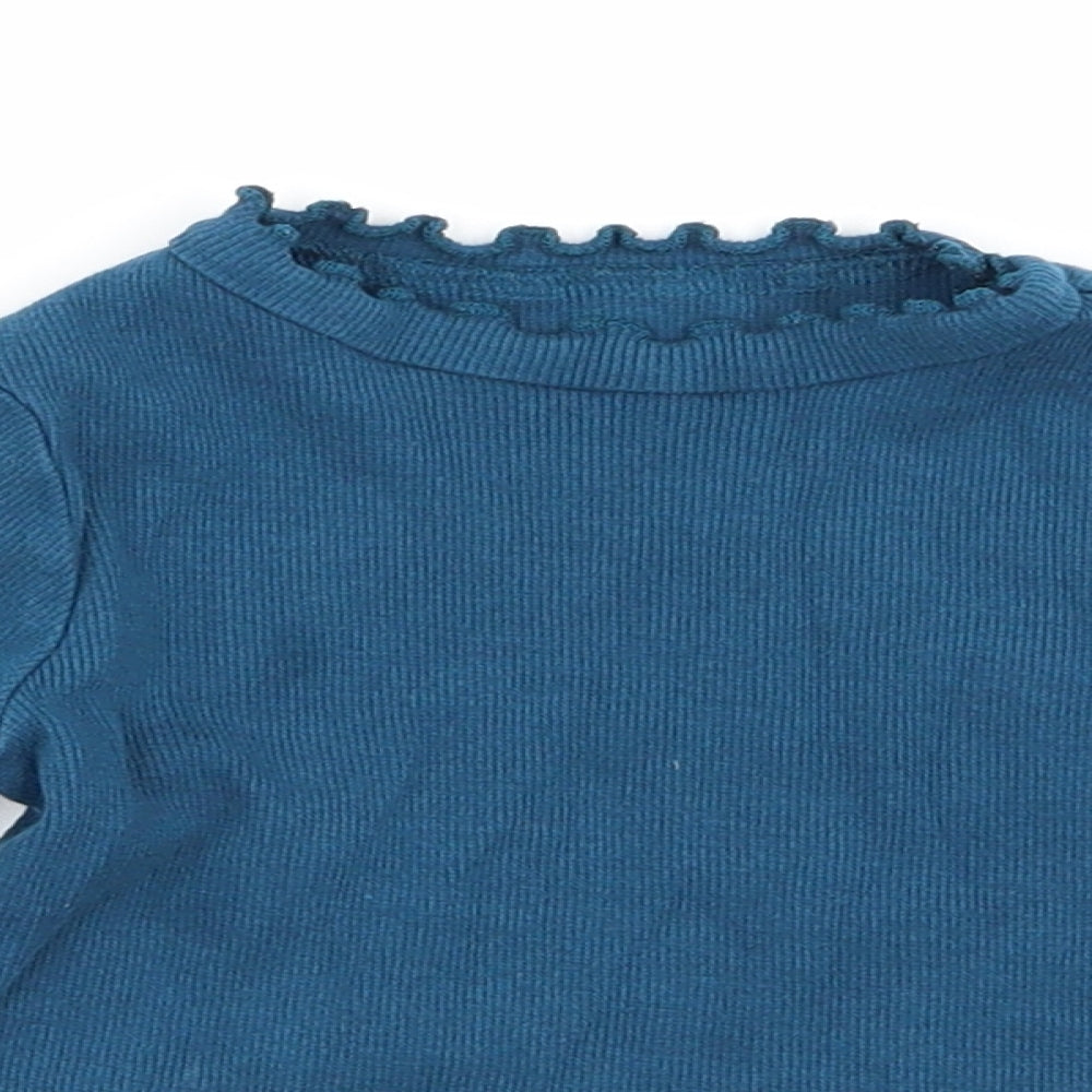 Close-up detail of John Lewis girls’ blue basic t-shirt, size 2, years