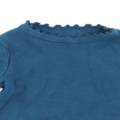 Close-up detail of John Lewis girls’ blue basic t-shirt, size 2, years