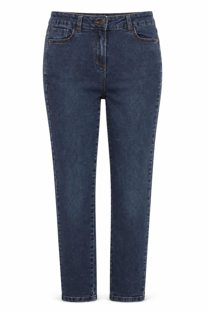 Front view of M&Co women’s blue denim skinny jeans, size UK 10, 28-inch leg