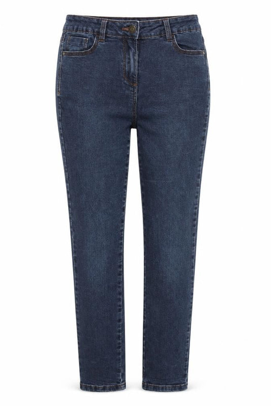 Front view of M&Co women’s blue denim skinny jeans, size UK 10, 28-inch leg