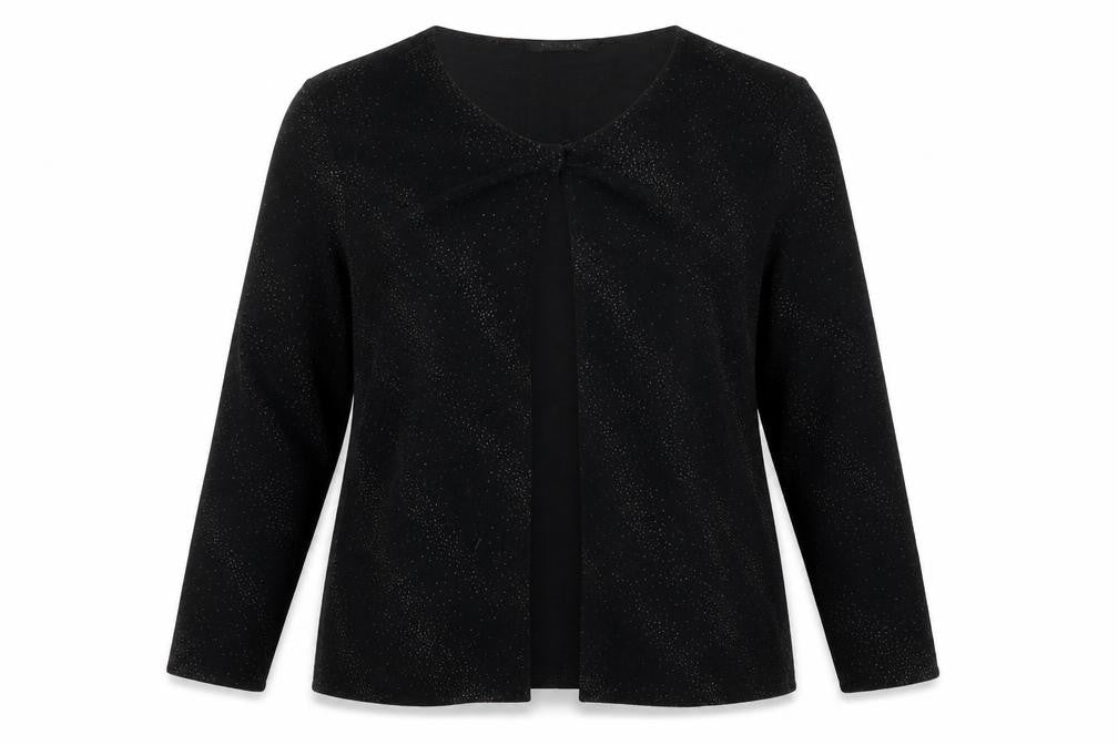 Front view of Fosby women’s black shrug jumper, size UK 18
