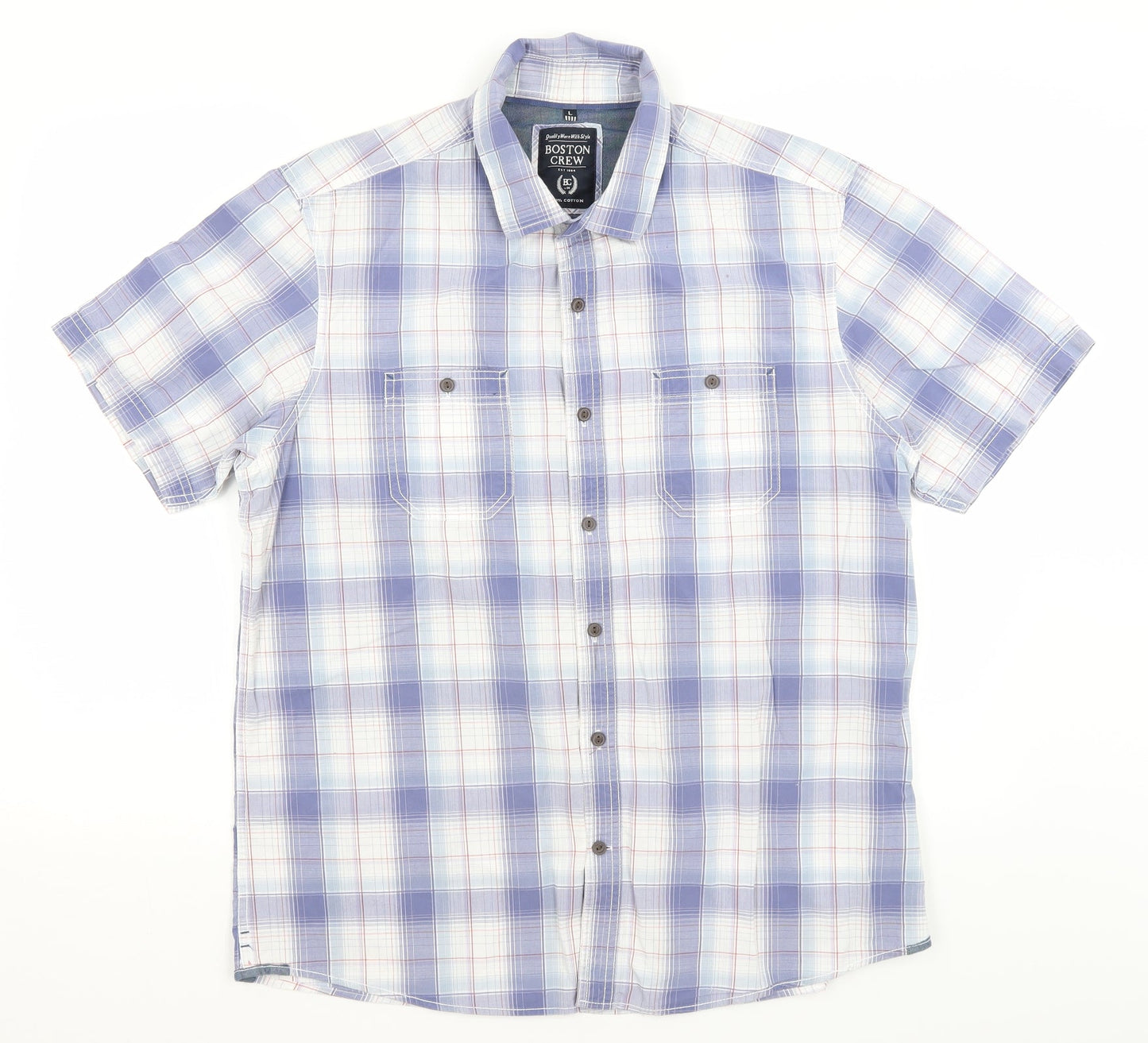 Mens UK Size L Boston Crew Blue  Button-Up Short Sleeve Casual Shirt