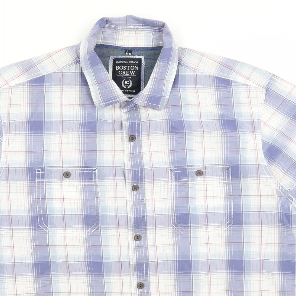 Mens UK Size L Boston Crew Blue  Button-Up Short Sleeve Casual Shirt