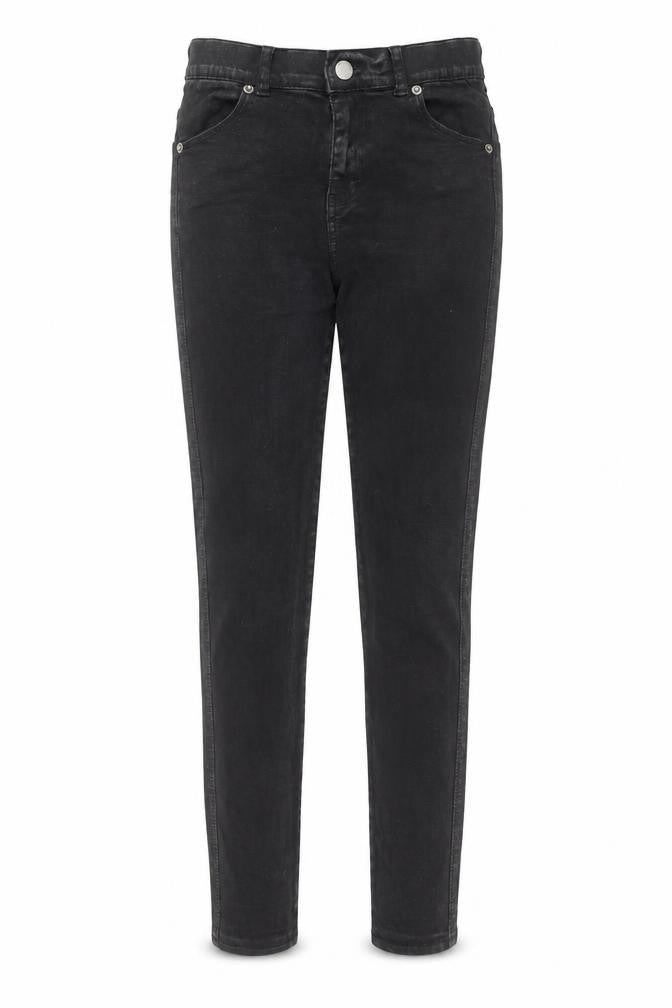 Front view of DrDenim women’s black denim skinny jeans, size M, 28-inch leg