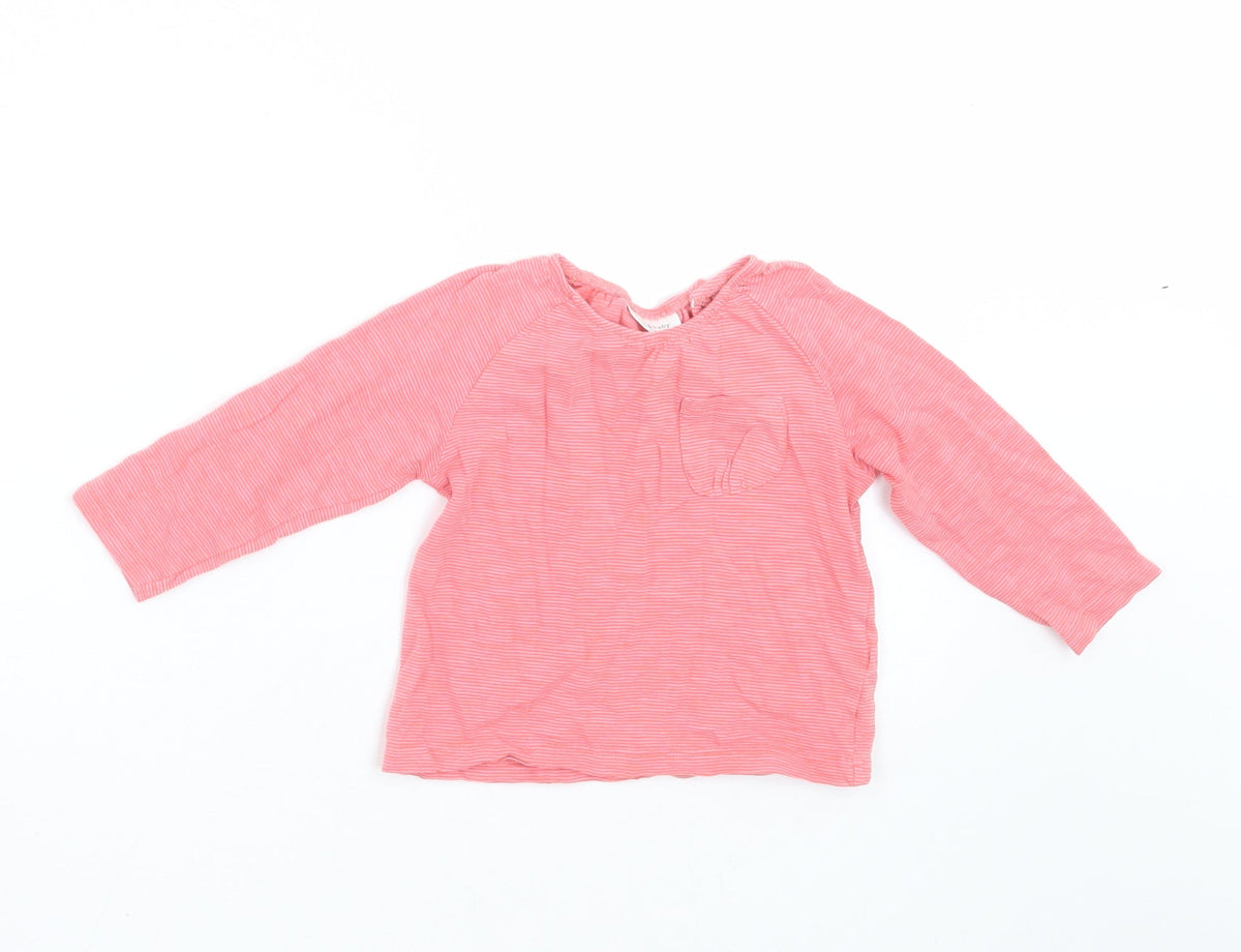 Additional front view of Next girls’ pink striped basic t-shirt, size 9-12, months