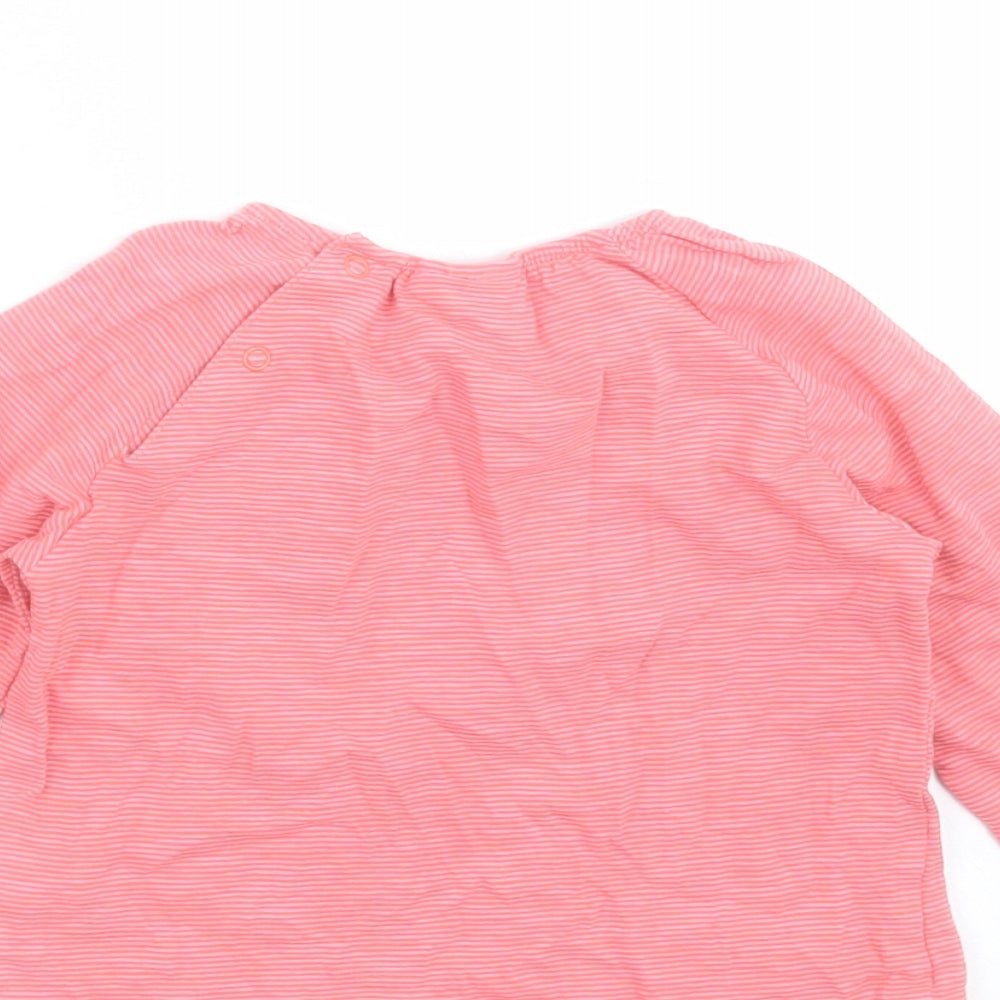 Brand and care label for Next girls’ pink striped basic t-shirt, size 9-12, months