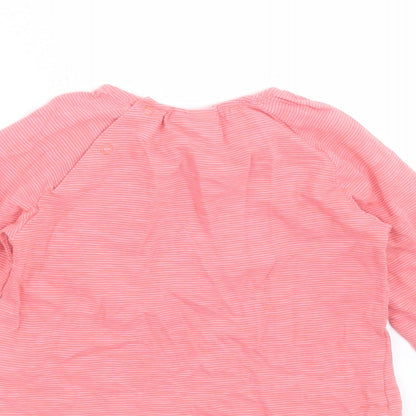 Brand and care label for Next girls’ pink striped basic t-shirt, size 9-12, months