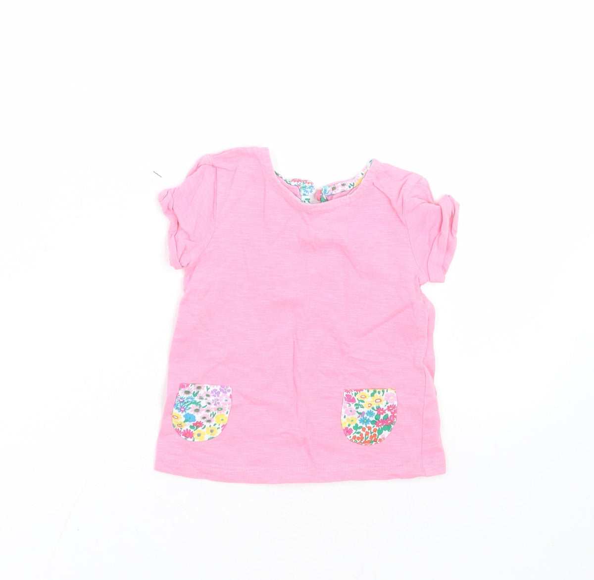 Additional front view of Next girls’ pink basic t-shirt, size 3-6, months - floral pocket pattern