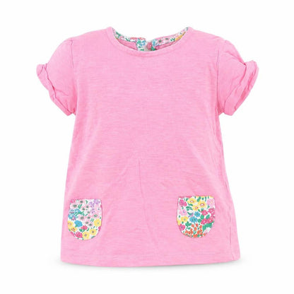 Front view of Next girls’ pink basic t-shirt, size 3-6, months - floral pocket pattern