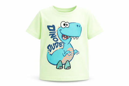 Front view of the little surf company boys’ green basic t-shirt, size 4-5, years - dinosaur
