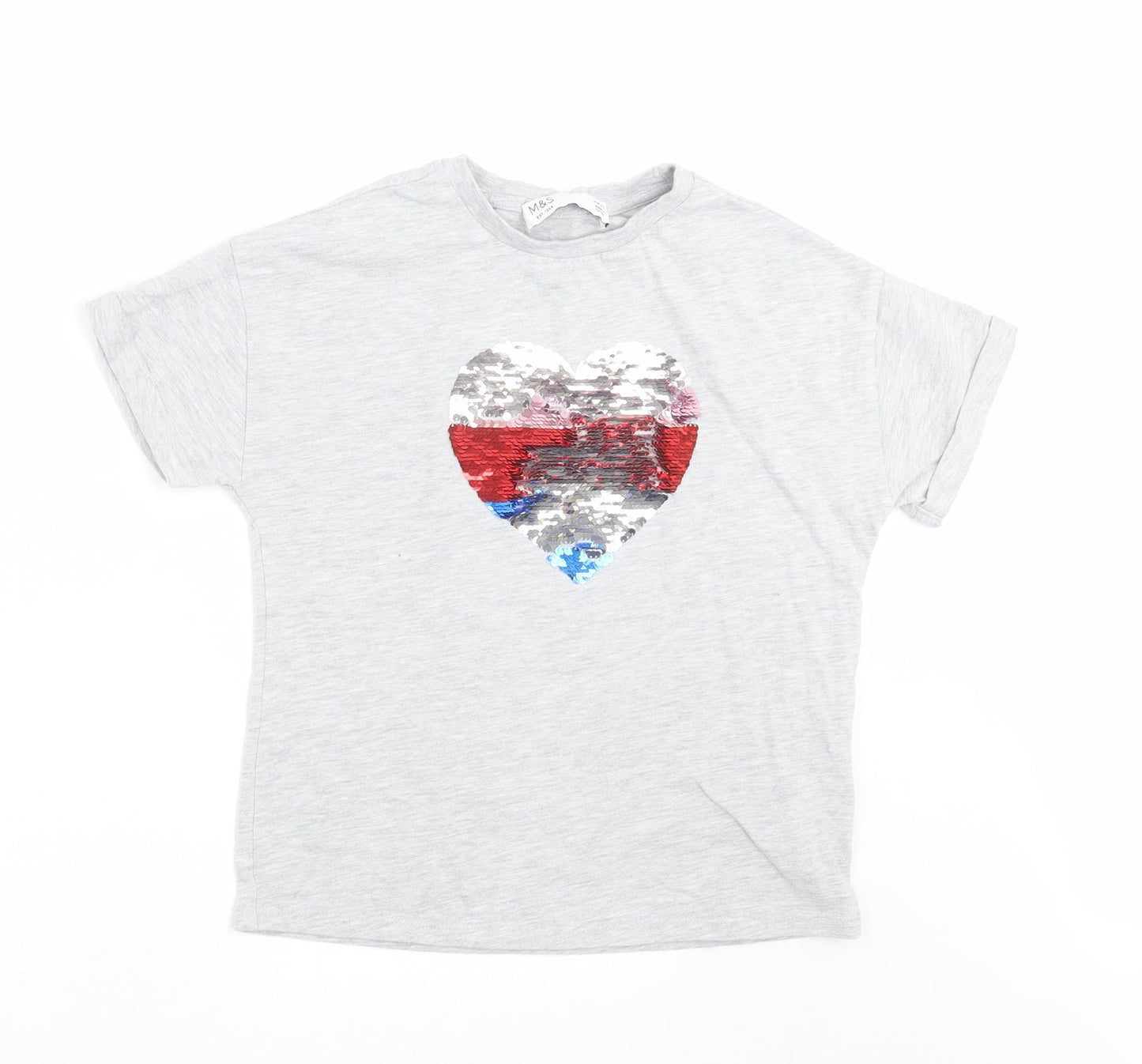 Marks and Spencer Girls Grey   Basic T-Shirt Size 9-10 Years  - sequin heart