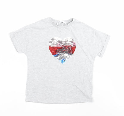 Marks and Spencer Girls Grey   Basic T-Shirt Size 9-10 Years  - sequin heart