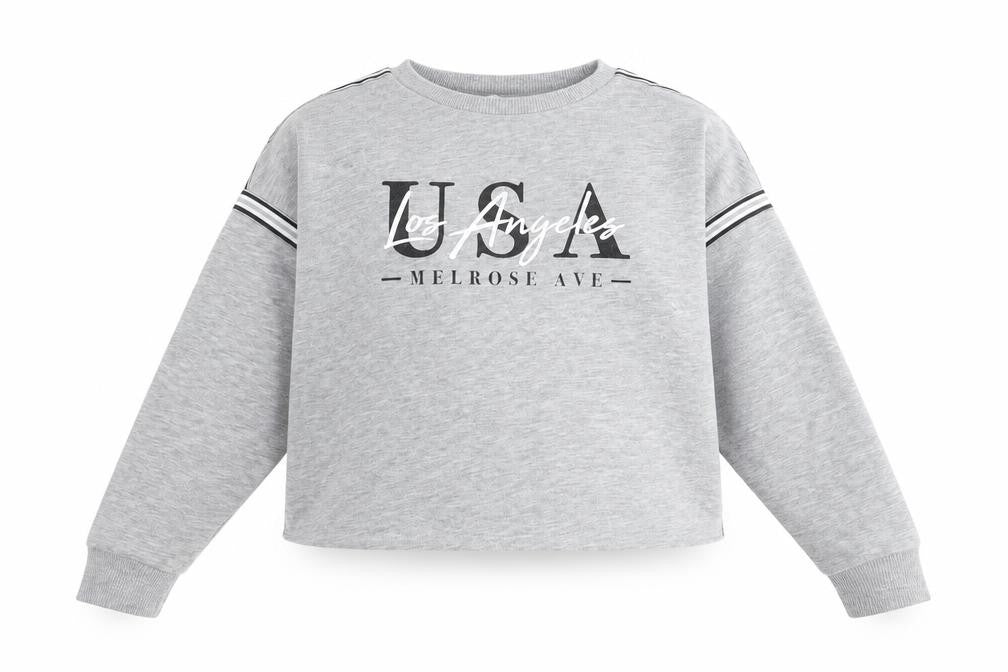 Front view of Primark girls’ grey pullover sweatshirt, size 9-10, years - usa los angeles