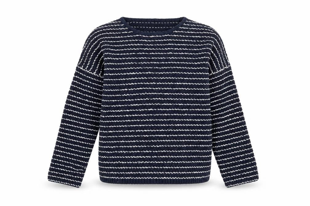 Front view of F&F girls’ blue striped knit jumper, size 12-13, years