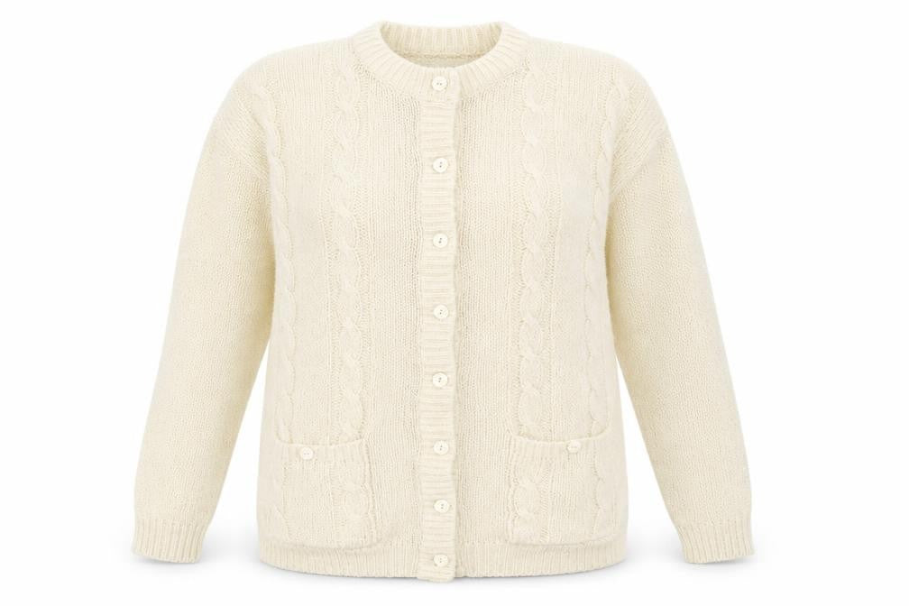 Front view of Prestige women’s ivory knit cardigan jumper one size