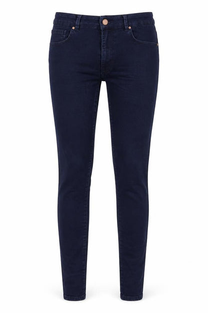 Front view of Never Denim women’s blue denim skinny jeans, size L, 31-inch leg