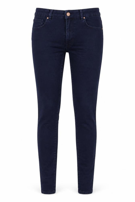 Front view of Never Denim women’s blue denim skinny jeans, size L, 31-inch leg