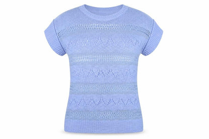 Front view of Jeffrey & Paula women’s blue jumper, size UK 12