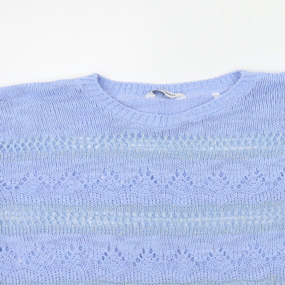 Close-up detail of Jeffrey & Paula women’s blue jumper, size UK 12