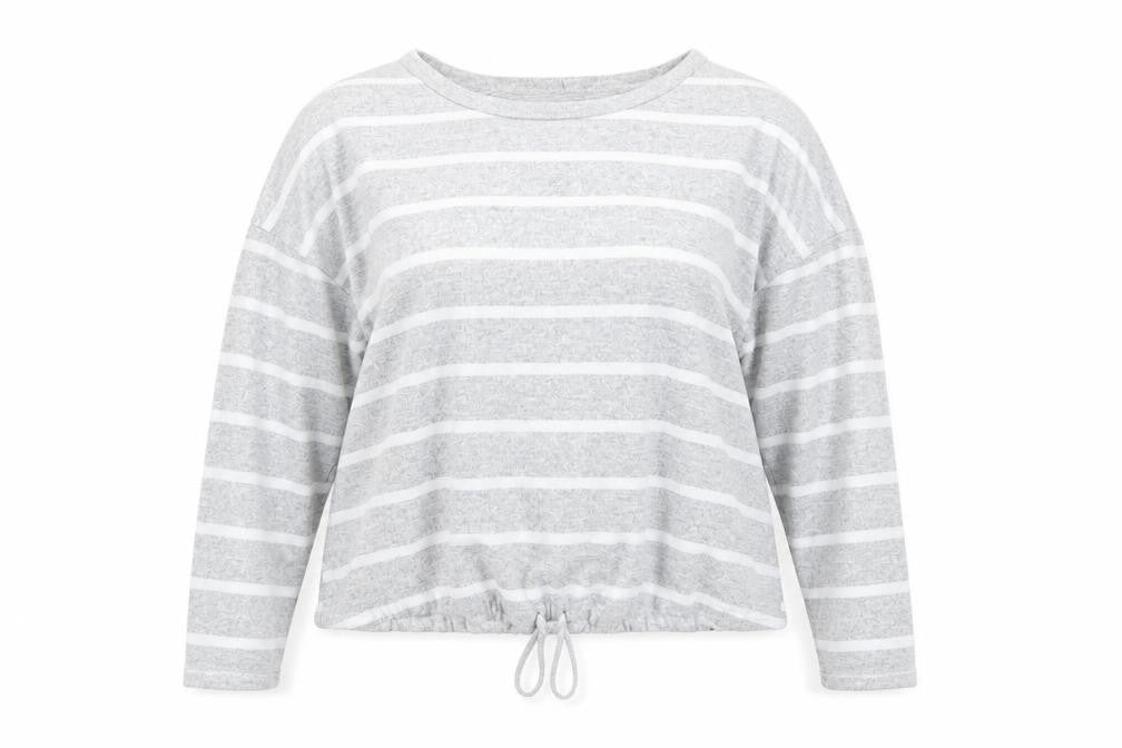 Front view of Time To Dream women’s grey striped jumper, size UK 16, - pj top