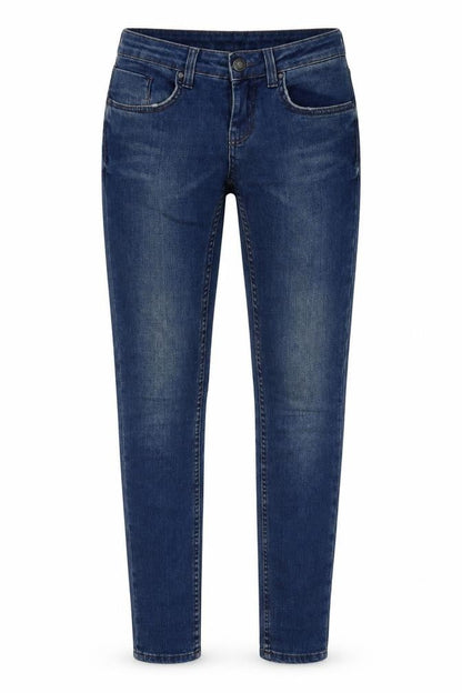 Front view of Topshop women’s blue denim skinny jeans, size UK 25, 32-inch leg